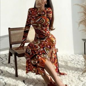 Zara printed midi dress stretchy maxi long sleeve multi color split dress sm